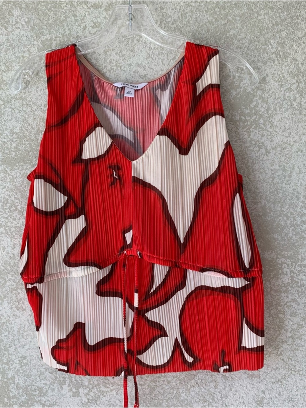 Nine West Red and Cream Pleated‎ V-Neck Tank with Drawstring